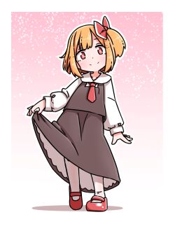  1girl black_skirt black_vest blonde_hair bow closed_mouth collared_shirt commentary_request full_body hair_bow highres long_sleeves looking_at_viewer mary_janes medium_hair necktie one_side_up pantyhose red_bow red_eyes red_necktie red_shoes roco_(katsuya1011) rumia shirt shoes skirt skirt_hold skirt_set smile solo split_mouth touhou vest white_pantyhose white_shirt 