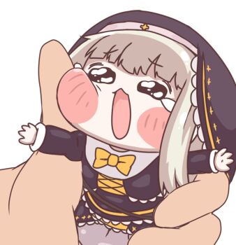  1girl 1other black_dress black_veil blush_stickers bow bowtie chibi crying dress grey_hair holding holding_mini_person intoushi juliet_sleeves long_hair long_sleeves meme mini_person minigirl nun open_mouth outstretched_arms puffy_sleeves simple_background solo_focus speaki_(trickcal) speakiposting_(meme) spread_arms tears trickcal veil white_background yellow_bow yellow_bowtie  rating:General score:3 user:danbooru