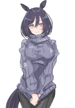  1girl animal_ears black_hair black_pants blue_eyes blue_sweater blush bob_cut breasts closed_mouth eishin_flash_(umamusume) hair_between_eyes highres horse_ears horse_girl horse_tail ken_(shutenndouji1) large_breasts long_sleeves looking_at_viewer pants ribbed_sweater short_hair simple_background smile solo sweater tail umamusume white_background 