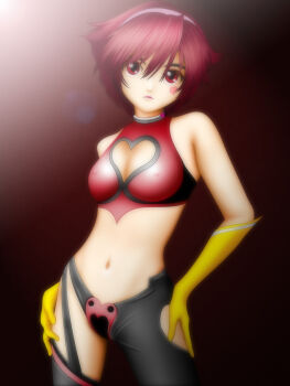  1girl clothing_cutout contrapposto covered_erect_nipples cutie_honey darkness female_focus gloves gradient_background heart heart_cutout highres kisaragi_honey looking_at_viewer midriff naturaldays navel no_bra red_eyes red_hair samejima_minoru short_hair simple_background solo toei_company yellow_gloves  rating:Questionable score:25 user:lorddragon