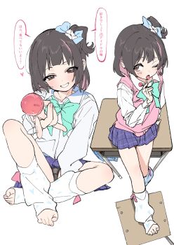  1girl arm_behind_back arm_support backpack bag black_hair black_panties blue_bow blue_bowtie blue_skirt blush bow bowtie brown_eyes candy chair collared_shirt crossed_legs dorontabi feet feet_on_chair flower food foreshortening grin gyaru hair_bow hair_flower hair_ornament half-closed_eyes highres holding holding_food idolmaster idolmaster_million_live! loli lollipop looking_at_viewer looking_up loose_socks miniskirt multicolored_hair nail_polish nakatani_iku on_floor one_eye_closed panties pink_hair pink_nails pink_ribbon plaid_clothes plaid_skirt pleated_skirt ribbon school_uniform shirt short_hair side_ponytail sidelocks simple_background sitting skirt smile smug socks solo tagme toeless_legwear toes tongue tongue_out translation_request two-tone_hair underwear vest white_background wink  rating:Sensitive score:151 user:Ronin_019