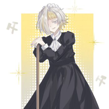  1girl alternate_costume ascot black_dress blonde_hair border broom cowboy_shot dress hair_over_one_eye highres holding holding_broom kromer_(project_moon) limbus_company maid maid_headdress millaligusticum open_mouth project_moon simple_background solo white_ascot white_border white_hair 