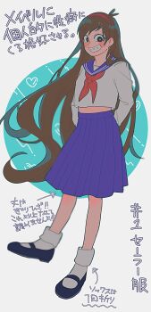  1girl arms_behind_back braces brown_hair commentary_request full_body gravity_falls grin hairband highres long_hair looking_at_viewer mabel_pines mary_janes neg_50asu pink_hairband pleated_skirt sailor_collar school_uniform serafuku shoes skirt smile socks solo translation_request very_long_hair white_socks 