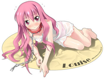 00s 1girl barefoot bdsm blush bondage bound chain chain_leash character_name chemise collar female_focus kantoku leash louise_francoise_le_blanc_de_la_valliere panties pink_eyes pink_hair slave solo underwear white_chemise zero_no_tsukaima rating:Sensitive score:28 user:danbooru
