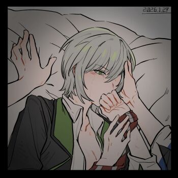  2girls black_border border collared_shirt commentary_request dated female_pov green_eyes grey_hair hand_on_another's_face highres hinomori_shiho hoshino_ichika_(project_sekai) multiple_girls necktie necktie_around_wrists pov project_sekai red_necktie school_uniform shirt short_hair snozxietsk white_shirt yuri 