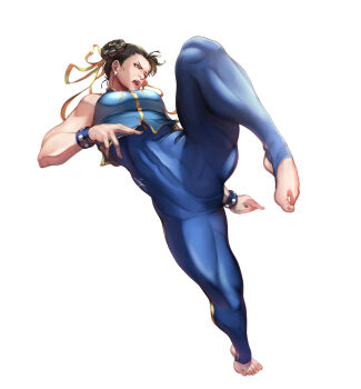  1girl absurdres ass blue_bodysuit blue_vest bodysuit bracelet braid braided_bun breasts brown_eyes brown_hair capcom chun-li double_bun earrings fighting_stance full_body hair_bun highres jewelry leg_lift medium_breasts muscular muscular_female open_mouth serious simple_background solo stirrup_legwear street_fighter street_fighter_zero_(series) studded_bracelet teppu_tora toeless_legwear vest white_background 