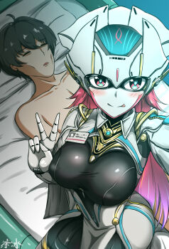  1boy 1girl :p absurdres ahoge android black_hair blush breasts clothed_female_nude_male collarbone commentary gradient_hair guy_tired_after_sex_(meme) highres kiiyodex large_breasts long_hair looking_at_viewer male_rover_(wuthering_waves) meme multicolored_hair n.a.n.a._(wuthering_waves) nude purple_hair red_hair rover_(wuthering_waves) selfie short_hair smile tongue tongue_out v wuthering_waves 