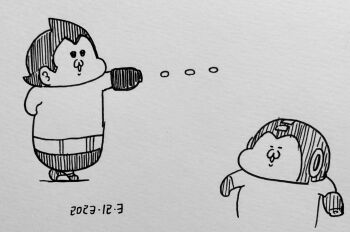  2boys :3 :o aiming arm_cannon atom_(tetsuwan_atom) chibi clenched_hand crossover dated fat fat_man gloves highres koutarosu look-alike mega_man_(character) mega_man_(series) multiple_boys parody smile spiked_hair standing style_parody tetsuwan_atom traditional_media weapon white_background 