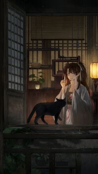  1girl absurdres architecture black_cat brown_hair cat chinese_clothes colored_tips commentary earrings east_asian_architecture english_commentary from_outside glasses hair_ribbon highres holding holding_removed_eyewear indoors jewelry long_hair multicolored_hair official_alternate_costume parted_lips pink_eyes rain ribbon round_eyewear secretfj520 solo unworn_eyewear white_ribbon wuthering_waves yellow-framed_eyewear zhezhi_(wuthering_waves) 