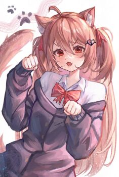  1girl ahoge animal_ears black_cardigan bow bowtie broken_heart broken_heart_hair_ornament brown_hair cardigan cat_ears cat_girl cat_paw cat_tail commentary dress_shirt evil_neuro-sama fang hair_between_eyes hair_ribbon heart highres long_hair long_sleeves micunchi neuro-sama open_mouth red_bow red_bowtie red_eyes red_ribbon ribbon shirt skin_fang solo tail two_side_up upper_body vedal_ai virtual_youtuber white_shirt 