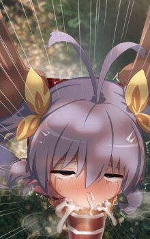 1boy 1girl ^^^ absurdres antenna_hair backpack bag bar_censor blurry blurry_background blush bow censored cum cum_in_mouth cum_in_nose cum_on_body cum_on_penis deepthroat depth_of_field emphasis_lines fellatio full-face_blush hair_bow half-closed_eyes hetero highres jitome large_penis loli long_sleeves miyauchi_renge mizumizuni non_non_biyori oral outdoors penis pink_shirt pov pov_crotch purple_hair randoseru red_bag red_eyes rolling_eyes shirt skirt twintails twitter_username variant_set yellow_bow