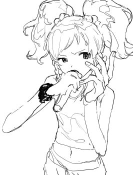 1girl absurdres aikatsu!_(series) aikatsu_stars! bad_id bad_twitter_id braid cowboy_shot furrowed_brow greyscale hair_bobbles hair_ornament hands_up highres holding holding_microphone inactive_account long_hair looking_at_viewer microphone midriff monochrome nikaido_yuzu shirt side_braid simple_background sleeveless sleeveless_shirt solo standing suiso_(owp) twintails uneven_eyes white_background rating:Sensitive score:3 user:danbooru