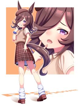  1girl animal_ears brown_hair brown_hat brown_shirt brown_shoes brown_skirt brown_vest character_name commentary_request english_text flipped_hair full_body gradient_hair grin hair_over_one_eye hat highres hokuyukis horse_ears horse_girl horse_tail kneehighs loafers long_hair looking_at_viewer multicolored_hair open_mouth orange_background plaid_clothes plaid_skirt pleated_skirt projected_inset purple_eyes rice_shower_(umamusume) school_uniform shirt shoes short_sleeves skirt smile socks solo standing tail tilted_headwear two-tone_background umamusume v v_over_mouth vest white_background white_socks 