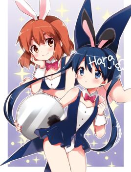  2girls animal_ear_hairband animal_ears blue_eyes blue_hair blush border bow bowtie breasts brown_eyes brown_hair cleavage closed_mouth detached_collar elbow_rest fake_animal_ears hairband hand_on_own_cheek hand_on_own_face hara_yui holding holding_tray inokuma_youko kin-iro_mosaic komichi_aya leotard long_hair looking_to_the_side multiple_girls official_art outside_border playboy_bunny purple_background rabbit_ear_hairband rabbit_ears rabbit_tail red_bow red_bowtie short_hair signature smile sparkle tail tray twintails white_border wrist_cuffs 