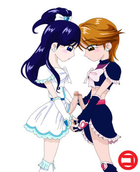  2futa black_gloves black_shirt black_skirt black_socks blue_eyes blue_hair bow brown_eyes brown_hair censored closed_mouth cure_black cure_white dress earrings erection fingerless_gloves frilled_dress frilled_skirt frills from_side futa_with_futa futanari futari_wa_precure gloves hair_bow hair_ornament half_updo heads_together heart heart_earrings heart_hair_ornament holding_hands jewelry long_hair marukodoo midriff misumi_nagisa multiple_futa penis penises_touching pink_bow precure shirt short_hair skirt socks standing swept_bangs white_background white_bow white_dress white_gloves white_socks yukishiro_honoka  rating:Explicit score:6 user:Floater