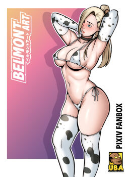  animal_print belmont_art black_choker blonde_hair bra choker cow cow_print naruto_(series) non-web_source panties thighhighs underwear yamanaka_ino 