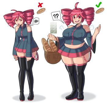  2girls ? ahoge bags_under_eyes baguette basket belly black_shirt black_skirt black_sleeves blush boots bread breasts detached_sleeves drill_hair food hair_tubes holding holding_basket hunched_over kasane_teto large_breasts loaf_of_bread medium_breasts miniskirt muffin_top multiple_girls open_mouth plump red_eyes red_hair shaded_face shirt skirt sleeveless sleeveless_shirt smile spoken_question_mark spoken_squiggle squiggle standing tallinax thick_thighs thigh_boots thighs tight_clothes twin_drills vocaloid weight_gain white_background  rating:Questionable score:9 user:Odrum2