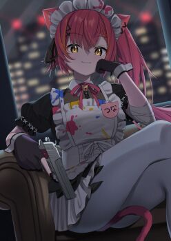  1girl animal_ear_fluff animal_ears apron bandaged_arm bandages black_dress black_gloves black_nails black_ribbon blurry blurry_background cat_ears cat_tail closed_mouth commentary_request couch crossed_legs dress gloves gun hair_between_eyes hair_ornament hair_ribbon handgun highres holding holding_gun holding_weapon indoors long_hair looking_at_viewer maid maid_headdress nail_polish neck_ribbon nekota_tsuna nekota_tsuna_(3rd_costume) official_alternate_costume pantyhose partially_fingerless_gloves red_hair red_ribbon ribbon shirt short_sleeves sitting smile solo syurimp tail trigger_discipline virtual_youtuber vspo! weapon white_apron white_pantyhose window x_hair_ornament yellow_eyes 