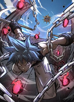 1boy absurdres black_star blue_hair cosplay death_the_kid death_the_kid_(cosplay) fergoart gangsta_hold highres holding holding_scythe male_focus muscular muscular_male outstretched_crossed_arms reverse_grip scythe solo soul_eater soul_eater_moon spiked_hair star_(symbol) star_tattoo striped_hair tattoo 