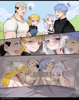  2boys 2girls aftersex bed blonde_hair blue_hair blush commentary cuddling dungeon_meshi earrings elf english_commentary frieren green_eyes guy_tired_after_sex_(meme) highres himmel_(sousou_no_frieren) jewelry laios_touden long_hair lying marcille_donato meme mexico_ufo_alien_bodies_hearing_(meme) multiple_boys multiple_girls odd_onion on_back on_bed pillow pointy_ears short_hair smile sousou_no_frieren white_hair 