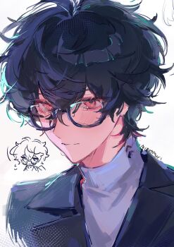  1boy alternate_eye_color amamiya_ren artist_name black-framed_eyewear black_hair black_jacket blush chibi chibi_inset closed_mouth commentary crying crying_with_eyes_open glasses hair_between_eyes highres jacket lapels male_focus messy_hair mirotonuri persona persona_5 red_eyes shirt short_hair sketch symbol-only_commentary tears turtleneck turtleneck_shirt white_shirt 