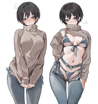 1girl absurdres bikini bikini_jeans bikini_under_clothes black_hair blush breasts brown_sweater closed_mouth clothes_lift commentary denim denim_bikini front-tie_bikini_top front-tie_top fungi542 grey_bikini grey_eyes grey_pants hair_between_eyes highres jeans large_breasts long_sleeves looking_at_viewer lowleg lowleg_pants mole mole_on_breast mole_on_stomach mole_under_eye multiple_views navel original pants puffy_long_sleeves puffy_sleeves short_hair side-tie_bikini_bottom simple_background spoken_blush stomach sweater sweater_lift swimsuit untranslatable_commentary turtleneck turtleneck_sweater white_background
