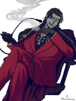  1boy beard_stubble black_gloves black_shirt brown_coat brown_eyes brown_hair cigar coat coat_on_shoulders collared_shirt crossed_legs facial_hair gloves gold_trim highres holding holding_cigar holding_microphone jacket kinomeeeeeeey lapels lei_heng_(project_moon) limbus_company medium_hair microphone notched_lapels open_mouth pants project_moon red_jacket red_pants shirt simple_background smile smoke solo striped_clothes striped_shirt stubble white_background 