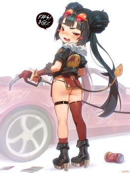  1girl absurdres ass black_hair double_bun eyewear_on_head hair_bun highres jacket loli long_hair mesugaki motor_vehicle najucaju_naju original single_thighhigh solo speech_bubble tail thighhighs twintails 