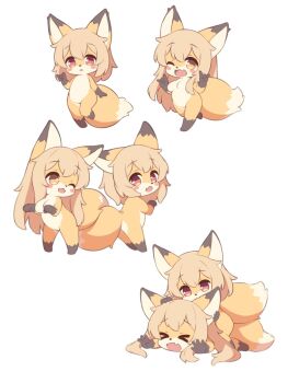  >_< 2girls all_fours animal_ear_fluff animal_ears biting biting_ear blush_stickers body_fur breasts brown_eyes brown_hair chibi commentary_request completely_nude double_fox_shadow_puppet fang fox_ears fox_girl fox_shadow_puppet fox_tail furry furry_female girl_on_top highres intertwined_tails loli long_hair matsuu_(akiomoi) multiple_girls multiple_views nude one_eye_closed open_mouth original paw_pose red_eyes short_hair smile tail 