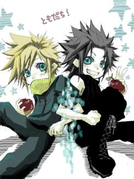  105910 2boys apple back-to-back black_boots black_hair black_pants black_sweater blonde_hair blue_eyes blue_pants blue_shirt boots cloud_strife commentary_request covered_mouth crisis_core:_final_fantasy_vii deformed final_fantasy final_fantasy_vii food fruit green_scarf grin hand_up holding holding_food holding_fruit knee_boots knee_up locked_arms looking_at_viewer male_focus multiple_boys no_armor pants parted_bangs scarf shinra_infantry_uniform shirt short_hair sitting sleeveless sleeveless_sweater smile spiked_hair star_(symbol) sweater translated turtleneck turtleneck_sweater v white_background zack_fair 