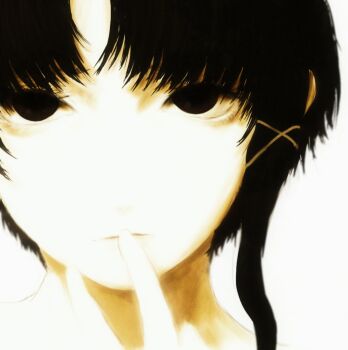  1girl black_eyes black_hair closed_mouth commentary empty_eyes expressionless finger_to_mouth hair_ornament highres iwakura_lain looking_at_viewer parted_bangs portrait ranm12s retro_artstyle sepia serial_experiments_lain sidelocks simple_background solo straight-on white_background x_hair_ornament 