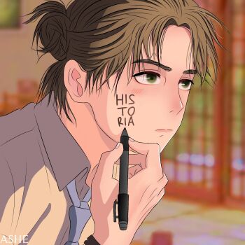  1boy alternate_costume artist_name black_eyes blue_necktie blush body_writing brown_hair closed_mouth commentary cutahime drawing_on_own_face english_commentary eren_yeager green_eyes highres holding holding_marker indoors kimi_no_na_wa. male_focus marker necktie parody scene_reference school_uniform shingeki_no_kyojin shirt short_hair solo white_shirt 