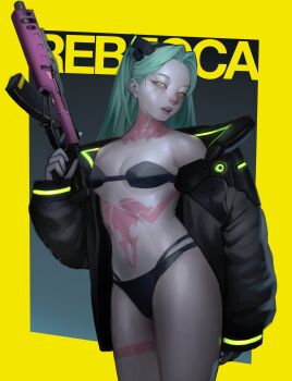  1girl aqua_hair artificial_eye bare_shoulders black_bra black_coat black_panties body_markings border bra breasts character_name coat coat_partially_removed colored_sclera cowboy_shot cyberpunk:_edgerunners cyberpunk_(series) finger_on_trigger gun headgear highres holding holding_gun holding_weapon long_hair mechanical_eye medium_breasts open_mouth panties parted_bangs rebecca_(cyberpunk) red_pupils red_sclera solo standing straight_hair sweetcassava twintails underwear weapon yellow_background yellow_border yellow_eyes 