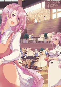  2girls absurdres aikawa_megumi aoi_erika apron asakura_karen_(heaven_burns_red) braid heaven_burns_red highres izumi_yuki_(heaven_burns_red) kayamori_ruka kunimi_tama kura_satomi minase_ichigo minase_sumomo multiple_girls ogasawara_hisame pink_eyes pink_hair puyopiku shirakawa_yuina sitting sugawara_chie table toujou_tsukasa tsukishiro_monaka 