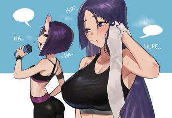  2girls breasts breath cleavage commentary fate/grand_order fate_(series) heavy_breathing highres hood_(james_x) horns huge_breasts long_hair medium_breasts minamoto_no_raikou_(fate) multiple_girls oni open_mouth purple_eyes purple_hair short_hair shuten_douji_(fate) skin-covered_horns sports_bra very_long_hair  rating:Sensitive score:63 user:danbooru