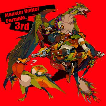  1boy arrow_(projectile) boots character_request cowboy cowboy_western cropped_shirt dragon edarow green_hair gun handgun highres holding holding_arrow long_hair male_focus monster_hunter_(series) monster_hunter_portable_3rd quiver red_background revolver simple_background solo spurs weapon western wyvern 