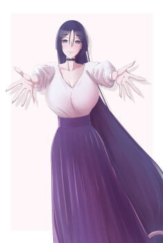  1girl absurdres blush breasts choker cleavage collarbone fate/grand_order fate_(series) highres large_breasts long_hair long_skirt looking_at_viewer mantou_devil minamoto_no_raikou_(fate) outstretched_arms parted_bangs puffy_short_sleeves puffy_sleeves purple_eyes purple_hair purple_skirt shirt short_sleeves skirt smile solo very_long_hair white_shirt 
