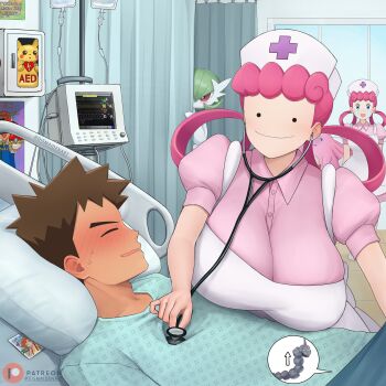  1boy 3girls absurdres arrow_(symbol) ash_ketchum bed blush breasts brock_(pokemon) brown_hair cardiogram chansey closed_eyes collared_dress commentary crying crying_with_eyes_open dismaiden ditto dress english_commentary english_text gardevoir gen_1_pokemon gen_3_pokemon hair_rings hat highres holding holding_poke_ball holding_stethoscope hospital_bed hospital_gown huge_breasts implied_erection imposter indoors intravenous_drip long_hair looking_at_viewer lying medium_breasts misty_(pokemon) multiple_girls nintendo nose_blush nurse_cap nurse_joy on_back onix open_mouth patreon_logo peeking_out photo_(object) pikachu pillow pink_dress pink_hair poke_ball poke_ball_(basic) pokemon pokemon_(anime) pokemon_(classic_anime) pokemon_(creature) psyduck puffy_short_sleeves puffy_sleeves short_hair short_sleeves sign speech_bubble standing stethoscope streaming_tears tears transformed_ditto twitter_username window 