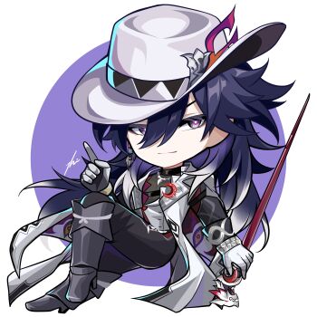  1boy absurdres ashveil_(honkai:_star_rail) badge black_hair boots bright_pupils cane chibi coattails crescent earrings fedora full_body gloves gradient_hair grey_eyes hair_between_eyes hashtag-only_commentary hat hat_ornament highres honkai:_star_rail honkai_(series) jacket jewelry light_smile long_hair male_focus multicolored_hair necklace pants platform_boots single_earring tailcoat turtleneck very_long_hair zhi_zhi_(zhizhi0921) 