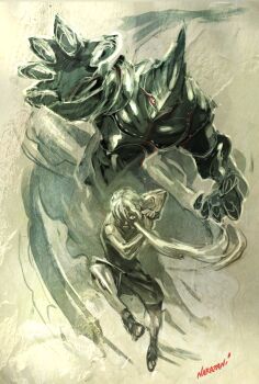  1boy 1other arm_up armor artist_name bare_arms boy_ii_man_(stand) breastplate cloud diamond_wa_kudakenai gauntlets gladiator_sandals green_theme hair_over_one_eye hand_up helmet highres jojo_no_kimyou_na_bouken jumping looking_at_viewer male_focus naratani one_eye_covered own_hands_together oyanagi_ken painterly reaching reaching_towards_viewer sandals shirt short_hair shorts signature sleeveless sleeveless_shirt stand_(jojo) white_hair 