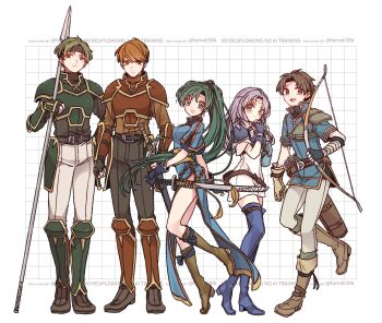  2girls 3boys arm_guards armor belt black_pants blue_boots blue_dress blue_eyes blue_tunic boots bow_(weapon) breastplate breasts brown_eyes circlet commentary_request dress earrings faulds fingerless_gloves fire_emblem fire_emblem:_the_blazing_blade florina_(fire_emblem) full_moon gloves green_eyes green_hair high_ponytail highres jewelry kent_(fire_emblem) long_hair lyn_(fire_emblem) medium_breasts moon multiple_boys multiple_girls nintendo open_mouth pants pelvic_curtain polearm ponytail purple_hair red_hair sain_(fire_emblem) sayu030b shin_guards short_dress short_hair shoulder_armor side_slit small_breasts spear standing sword thigh_boots thighs tunic very_long_hair weapon white_dress white_pants wil_(fire_emblem) 