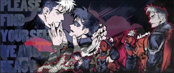  abraxas aged_up bat_signal batman batman_(series) batman_symbol belt black_bodysuit black_hair bodysuit brown_jacket chinese_commentary commentary_request dc_comics domino_mask evolution eye_mask gloves grey_bodysuit jacket jason_todd male_focus mask multicolored_bodysuit multiple_boys muscular muscular_male open_clothes pants red_hood_(dc) red_hood_and_the_outlaws red_mask robin_(dc) short_hair superhero_costume taut_bodysuit two-tone_bodysuit utility_belt 