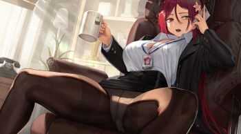  1girl absurdres alternate_costume black_jacket black_pantyhose black_skirt breasts chair cleavage collared_shirt commentary commission cup curtains dress_shirt fang flower formal_clothes from_below goback hair_between_eyes hair_flower hair_ornament heterochromia high-waist_skirt highres holding holding_cup holding_phone horns id_card indie_virtual_youtuber indoors jacket lampshade lapis_(vtuber) large_breasts long_hair looking_to_the_side miniskirt office office_lady panties pantyhose pantyshot parted_bangs partially_unbuttoned pencil_skirt phone plant red_eyes red_hair shirt shirt_tucked_in sitting skirt skirt_suit solo suit underwear upskirt very_long_hair virtual_youtuber white_shirt window yellow_eyes 