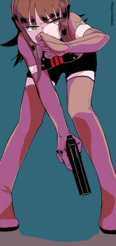  1girl absurdres ankuru artist_name bent_over blue_background boots breasts commentary covering_own_mouth elbow_gloves gloves green_eyes gun hand_over_own_mouth handgun headphones highres holding holding_gun holding_weapon jacket katori_squad's_uniform katori_youko long_hair medium_breasts purple_boots purple_gloves purple_jacket red_hair short_jumpsuit short_sleeves solo thighhighs weapon world_trigger zettai_ryouiki 