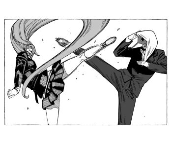  1boy 1girl absurdly_long_hair acrobatic_silky_(dandadan) chainsaw_man commentary_request crossover dandadan derivative_work duel fighting_stance greyscale highres jacket jacket_over_hoodie kicking long_hair love_helix mask monochrome motion_lines pleated_skirt school_uniform shiratori_aira_(dandadan) skirt very_long_hair violence_fiend_(chainsaw_man) 