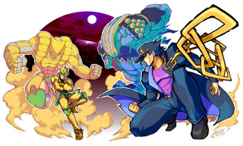  2boys black_hair blonde_hair blue_eyes blue_hair chain city crossed_arms dio_brando dust earrings fighting finger_gun fingerless_gloves gakuran gloves green_eyes hat headband heart jacket jewelry jojo_no_kimyou_na_bouken kuujou_joutarou long_coat long_hair male_focus moon multiple_boys muscular night red_eyes school_uniform smile stand_(jojo) star_platinum stardust_crusaders the_world time_stop tomycase vampire water wind yellow_jacket za_warudo 