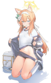  1girl absurdres animal_ear_fluff animal_ears bag blue_archive blue_eyes blush clothes_pull commentary_request drive_shot flower gym_shirt gym_shorts gym_uniform hair_between_eyes hair_flower hair_ornament hairband half-closed_eyes halo highres jacket kneehighs kneeling long_hair looking_at_viewer low_ponytail mari_(blue_archive) mari_(track)_(blue_archive) multicolored_jacket navel no_panties off_shoulder official_alternate_costume open_clothes open_jacket orange_hair parted_lips ponytail shirt shoes shorts shorts_pull shoulder_bag simple_background smile sneakers socks solo track_jacket two-tone_jacket undressing white_background white_flower white_hairband white_socks yellow_halo 