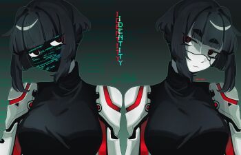  2girls absurdres android glowing glowing_eyes highres multiple_girls ny_000a original short_hair siblings signature sleeveless sleeveless_turtleneck turtleneck twins 