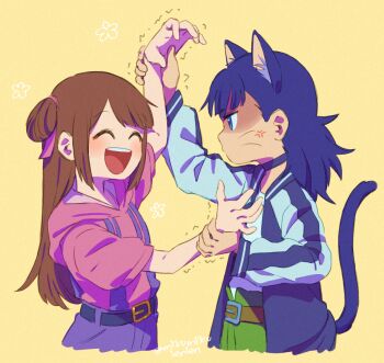  1boy 1girl aged_up anger_vein animal_ears ariamikukanzaki black_choker black_jacket blue_eyes blue_hair brown_hair cat_boy cat_ears cat_tail choker closed_eyes commentary crossover hair_down hair_ribbon holding_another's_wrist hood hoodie jacket jianzi_girl_(nezha_zhi_motong_jiangshi) long_hair luo_xiaohei_zhanji nezha_(the_legend_of_luoxiaohei) nezha_zhi_motong_jiangshi pink_hoodie ribbon signature tail the_legend_of_hei twitter_username two_side_up whiskers 