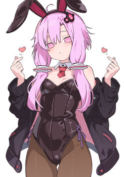  1girl ahoge animal_ear_hairband animal_ears bare_shoulders black_jacket black_leotard black_pantyhose breasts commentary detached_collar double_finger_heart fake_animal_ears finger_heart hair_ornament hairband heart highres jacket leotard long_hair looking_at_viewer necktie off_shoulder open_clothes open_jacket pantyhose pink_eyes pink_hair playboy_bunny rabbit_ear_hairband rabbit_ears red_necktie short_necktie side-tie_leotard simple_background small_breasts solo strapless strapless_leotard takanashi_yuki voiceroid white_background yuzuki_yukari 